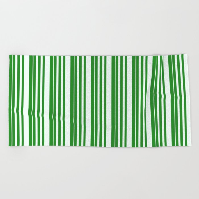 Forest Green & Mint Cream Colored Pattern of Stripes Beach Towel
