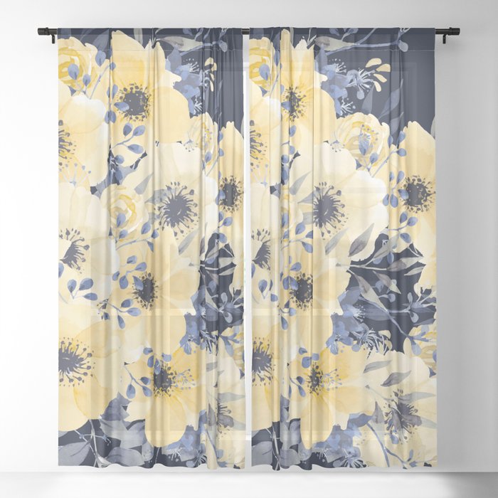 Floral Watercolor Print, Yellow and Navy Blue Sheer Curtain