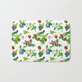 Berries Bath Mat | Blueberry, Rosehip, Floral, Chick, Flower, Romantic, Digital, Pattern, Watercolor, Summer 