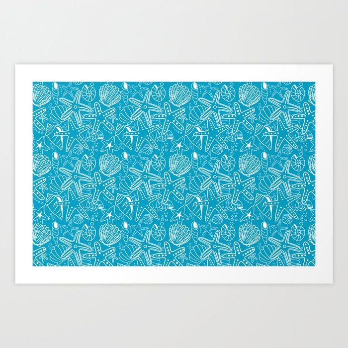 Seashells and Starfish - Blue and White Art Print