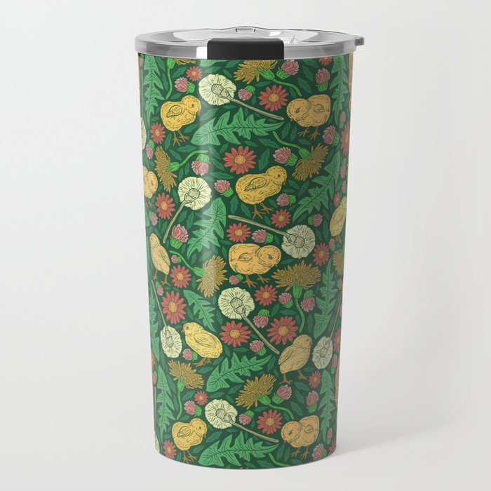 Orange hen with yellow chickens and dandelions on green background Travel Mug