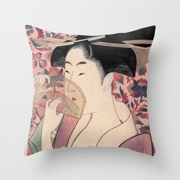 Japanese Woman Holding a Comb, Kushi by Kitagawa Utamaro Throw Pillow