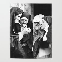 Smoking Nuns, Black and White, Vintage Wall Art Poster