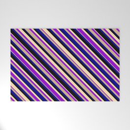 [ Thumbnail: Eyecatching Beige, Dark Violet, Tan, Dark Blue & Black Colored Stripes/Lines Pattern Welcome Mat ]