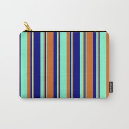 [ Thumbnail: Chocolate, Aquamarine & Blue Colored Stripes Pattern Carry-All Pouch ]
