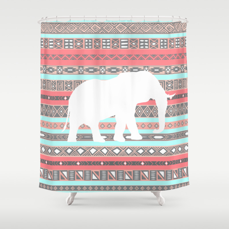 Elephant Aztec Pattern Pastel Peach, Elephant Print Shower Curtain