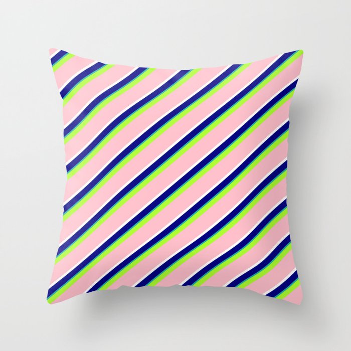 Vibrant Light Green, Pink, White, Blue & Light Sea Green Colored Lined/Striped Pattern Throw Pillow