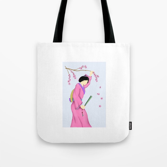 Lady in kimono under cherry blossom tree Tote Bag