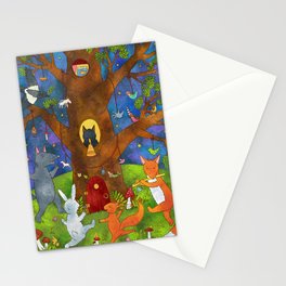  Cheerful animals are dancing in the forest. Vivid digital illustration. Cute illustration for the decor and design of posters, postcards, prints, stickers, invitations, textiles and stationery. Stationery Card
