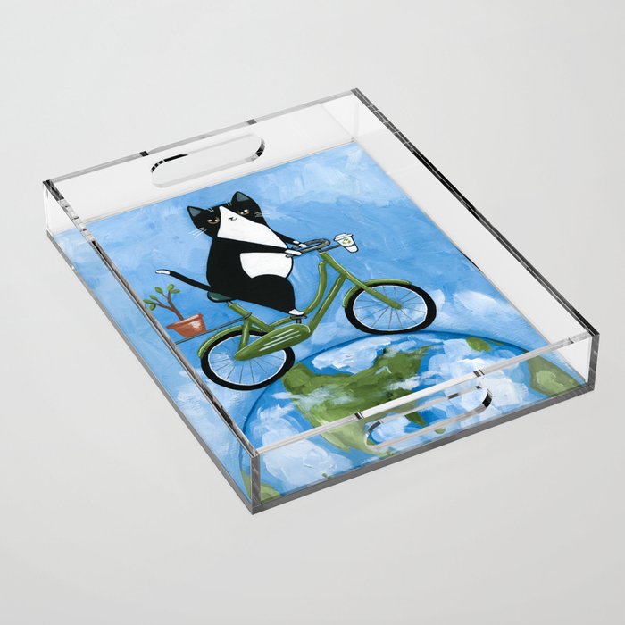 Earth Day Bicycle Ride Cat Acrylic Tray