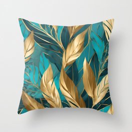 Trendy Turquoise Gold Boho Leaves Collection Throw Pillow