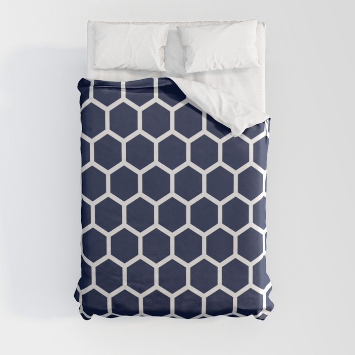 Navy Blue Honeycomb Minimalist Line Drawing Duvet Cover
