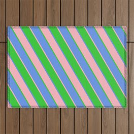 [ Thumbnail: Cornflower Blue, Light Pink & Lime Green Colored Lined/Striped Pattern Outdoor Rug ]