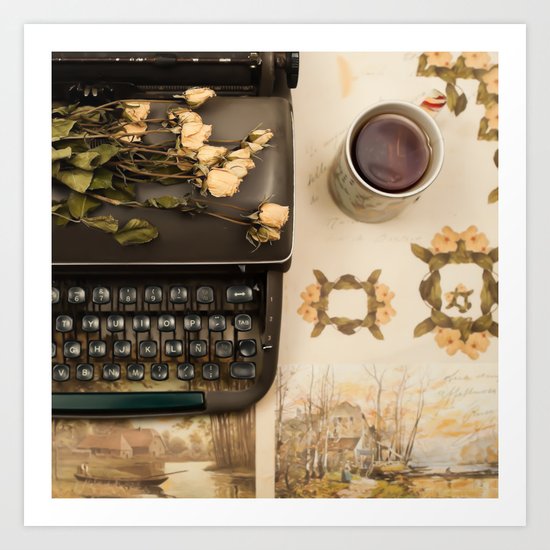 Little roses over an old typewriter and tea (Retro and Vintage Still Life Photography) Art Print