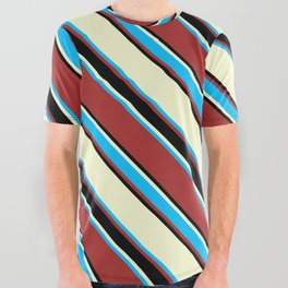 [ Thumbnail: Light Yellow, Deep Sky Blue, Brown & Black Colored Lines/Stripes Pattern All Over Graphic Tee ]
