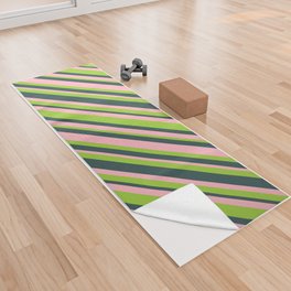 [ Thumbnail: Light Pink, Green & Dark Slate Gray Colored Striped/Lined Pattern Yoga Towel ]