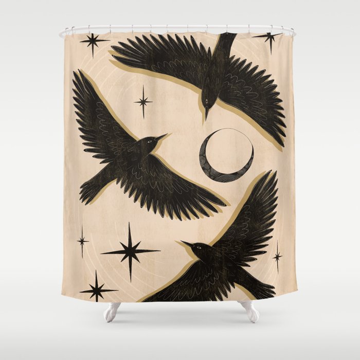Black birds flying with the Moon Shower Curtain