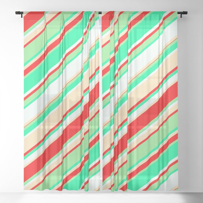 Colorful Red, Light Green, Green, Mint Cream, and Beige Colored Striped Pattern Sheer Curtain