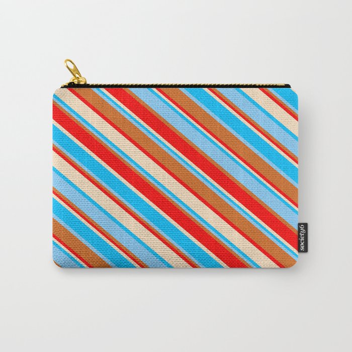 Vibrant Deep Sky Blue, Light Sky Blue, Chocolate, Red & Bisque Colored Striped/Lined Pattern Carry-All Pouch
