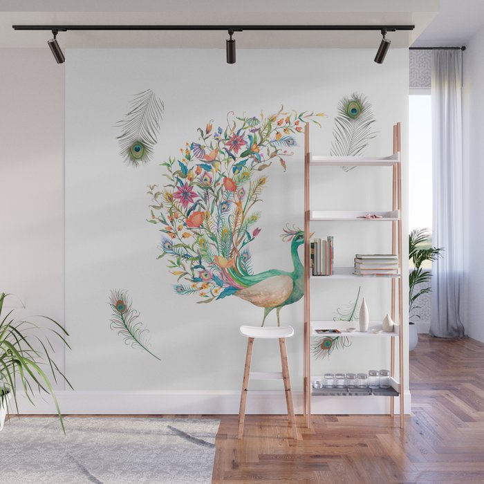 Beautiful Watercolor Peacock and Feathers Isolated  Wall Mural
