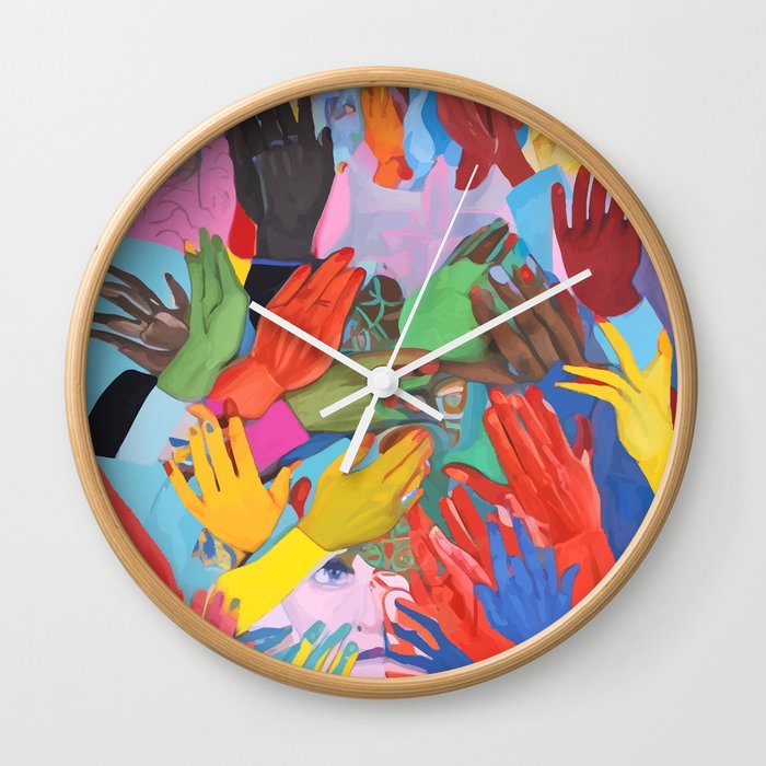 A Hand Is All We Need, Abstract Human Face Community, Humanity People Colorful Concept Positivity Wall Clock