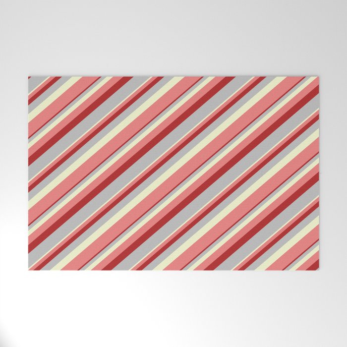 Light Yellow, Light Coral, Red, and Grey Colored Lines/Stripes Pattern Welcome Mat