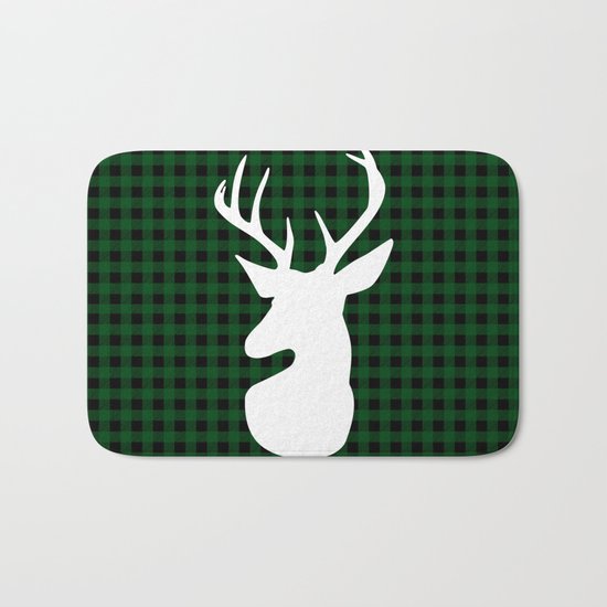 Elegant Green Plaid Deer Design Bath Mat