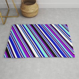 [ Thumbnail: Vibrant Dark Violet, Aquamarine, Blue, White, and Black Colored Striped/Lined Pattern Rug ]