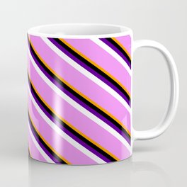 [ Thumbnail: Eye-catching Dark Orange, Black, Indigo, White & Violet Colored Striped/Lined Pattern Coffee Mug ]