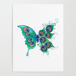 Butterfly with Green Peacock Feathers Poster