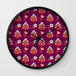 Lovely magical gingerbread houses, colorful sweet candy lollipops. Retro vintage Christmas pattern Wall Clock
