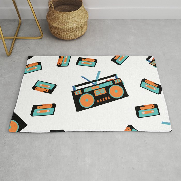 Texture seamless pattern from old vintage retro hipstersih stylish isometric music audio tape recorder. Listen to audio cassettes from the 70's, 80's, 90's. The background. Vintage illustration.  Rug