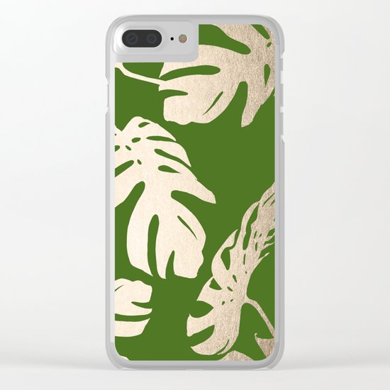 Palm Leaves White Gold Sands on Jungle Green Clear iPhone Case