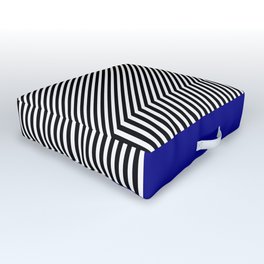 Geometric abstraction, black and white stripes, blue square Outdoor Floor Cushion