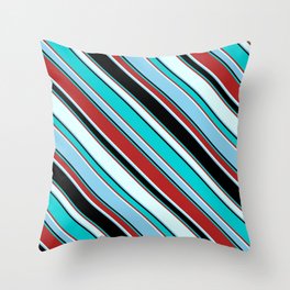 [ Thumbnail: Colorful Black, Dark Turquoise, Red, Light Cyan, and Sky Blue Colored Pattern of Stripes Throw Pillow ]
