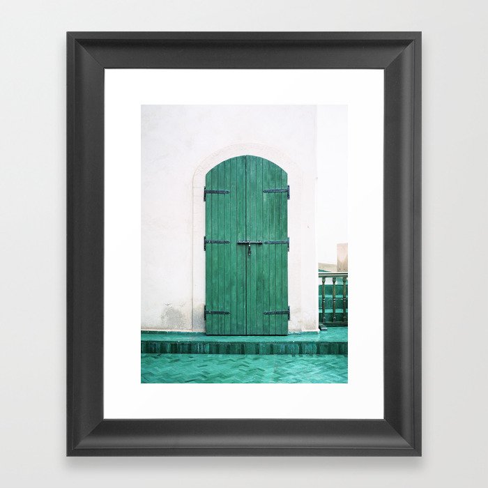 Le Jardin Secret | Turquoise wooden door in Marrakech | Colorful travel photograph wanderlust Framed Art Print