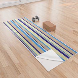 [ Thumbnail: Tan, Dark Blue, Pale Goldenrod & Blue Colored Lined Pattern Yoga Towel ]