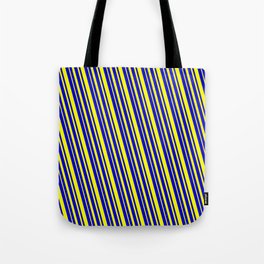 [ Thumbnail: Blue & Yellow Colored Striped/Lined Pattern Tote Bag ]