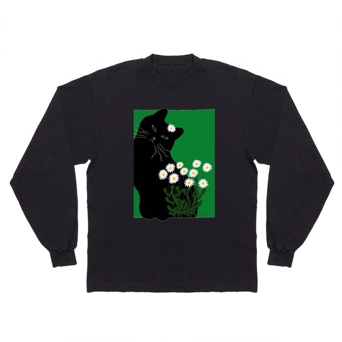 Black Cat and Daisies Long Sleeve T Shirt