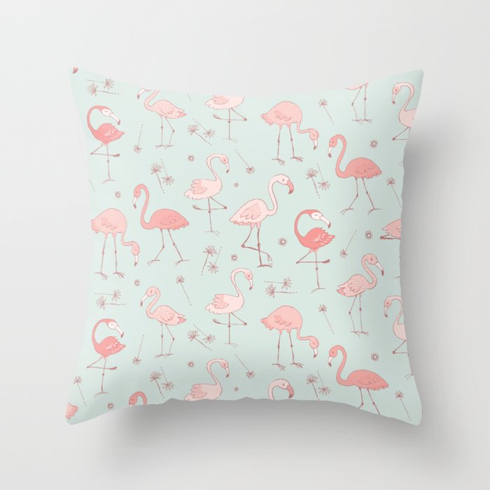 Flirty Flamingos Aqua Throw Pillow