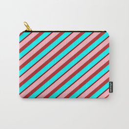 [ Thumbnail: Light Pink, Red, Aqua & Dark Red Colored Stripes/Lines Pattern Carry-All Pouch ]