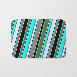[ Thumbnail: Eyecatching Aqua, Grey, Dark Olive Green, Lavender & Black Colored Lines/Stripes Pattern Bath Mat ]