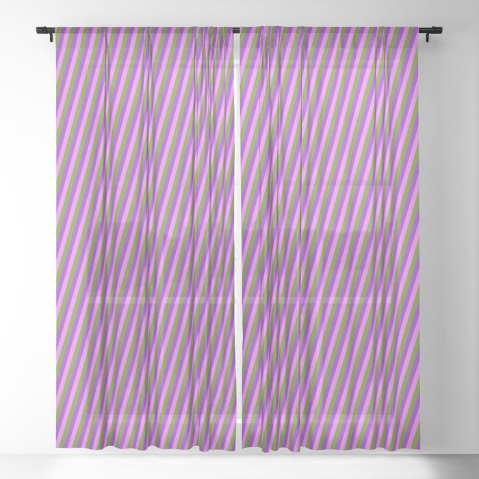 Dark Orchid, Violet, and Green Colored Striped Pattern Sheer Curtain