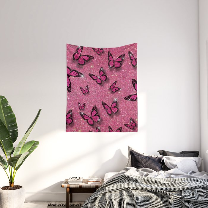 Cute Pink Butterfly on Glitter Aesthetic Background Wall Tapestry