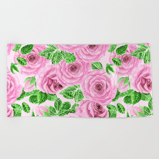 Pink watercolor roses with leaves and buds pattern Beach Towel