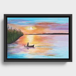 Acrylic Sunset on Lake with Fisherman Framed Canvas