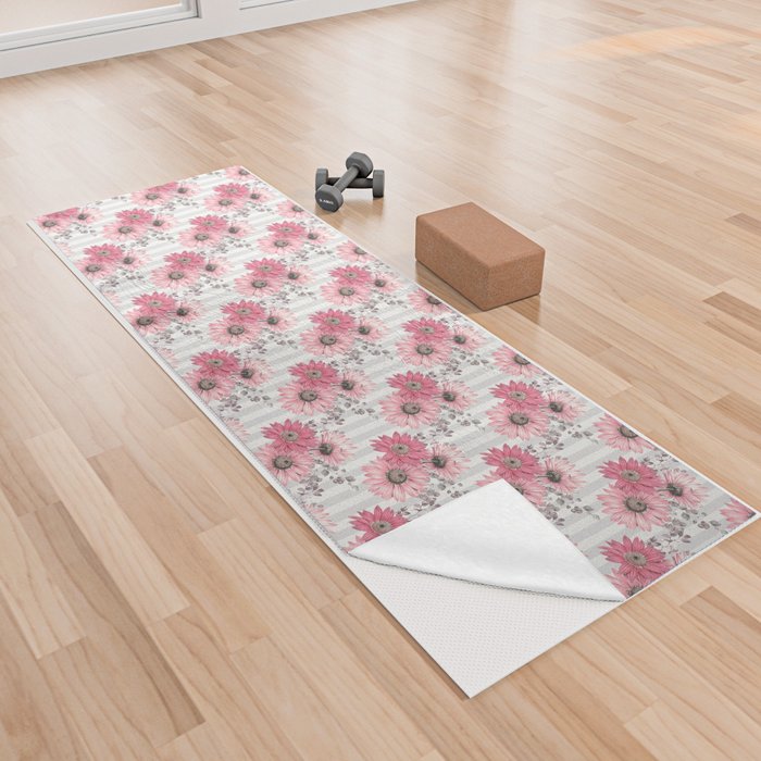 Pretty Pink Daisies Striped Floral Pattern Yoga Towel