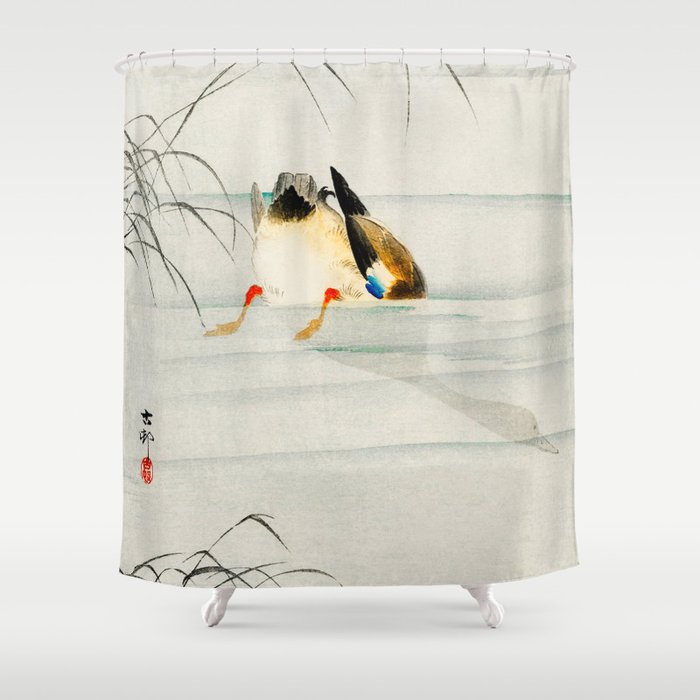 Mallard Duck Diving under water - Vintage Japanese Woodblock Print Art Shower Curtain