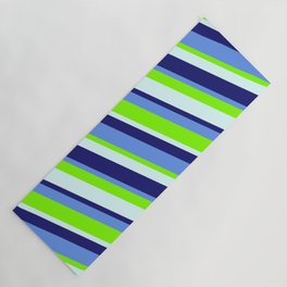 [ Thumbnail: Cornflower Blue, Chartreuse, Light Cyan, and Midnight Blue Colored Lined Pattern Yoga Mat ]