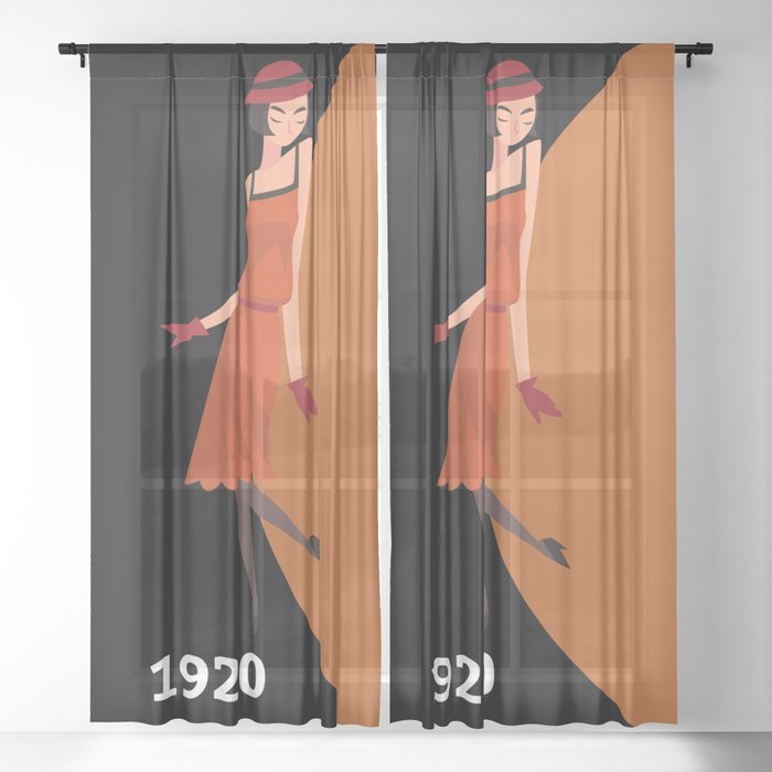 Art Deco 1920s Flapper Fashion Dancer Girl in Burnt Orange and Black Sheer Curtain
